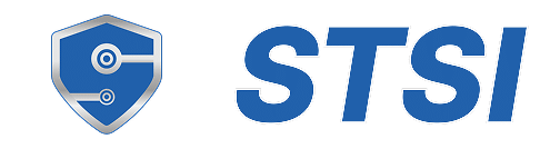 Logo featuring a shield emblem with a circular design on the left and the letters 'STSI' in bold blue font on the right against a black background.