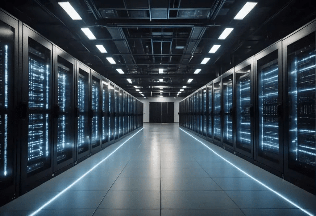 An interior view of a data center, with rows of server racks emitting blue lights. The floor is tiled, and a central aisle leads to a doorway at the far end.